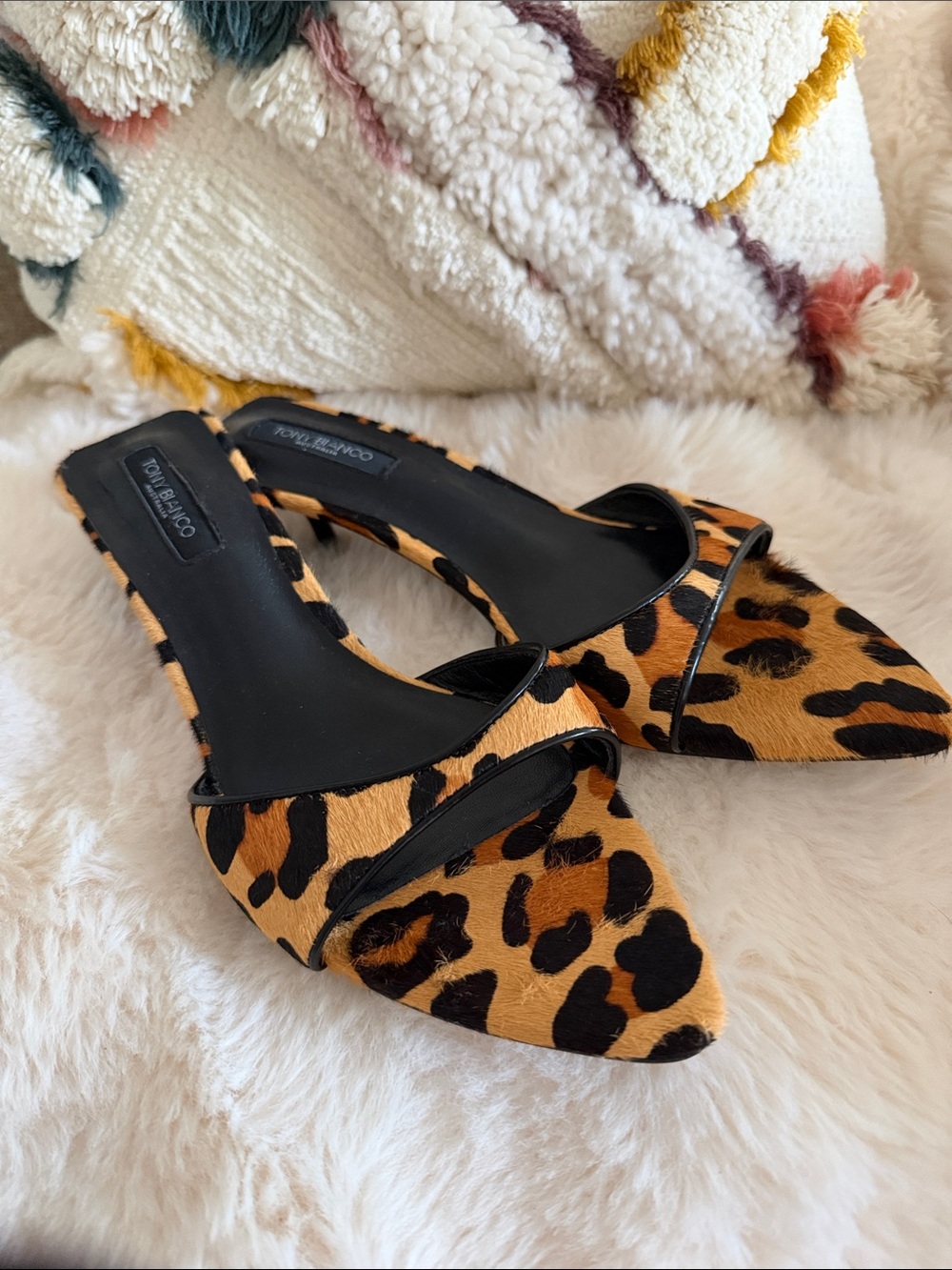 Tony Bianco Leopard Print Pointed Toe Slip-On Mules - Tan/Black kitten heels